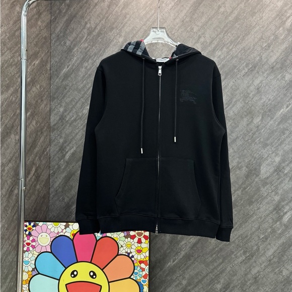 Burberry Black Zip-Up Hoodie with Plaid Hood